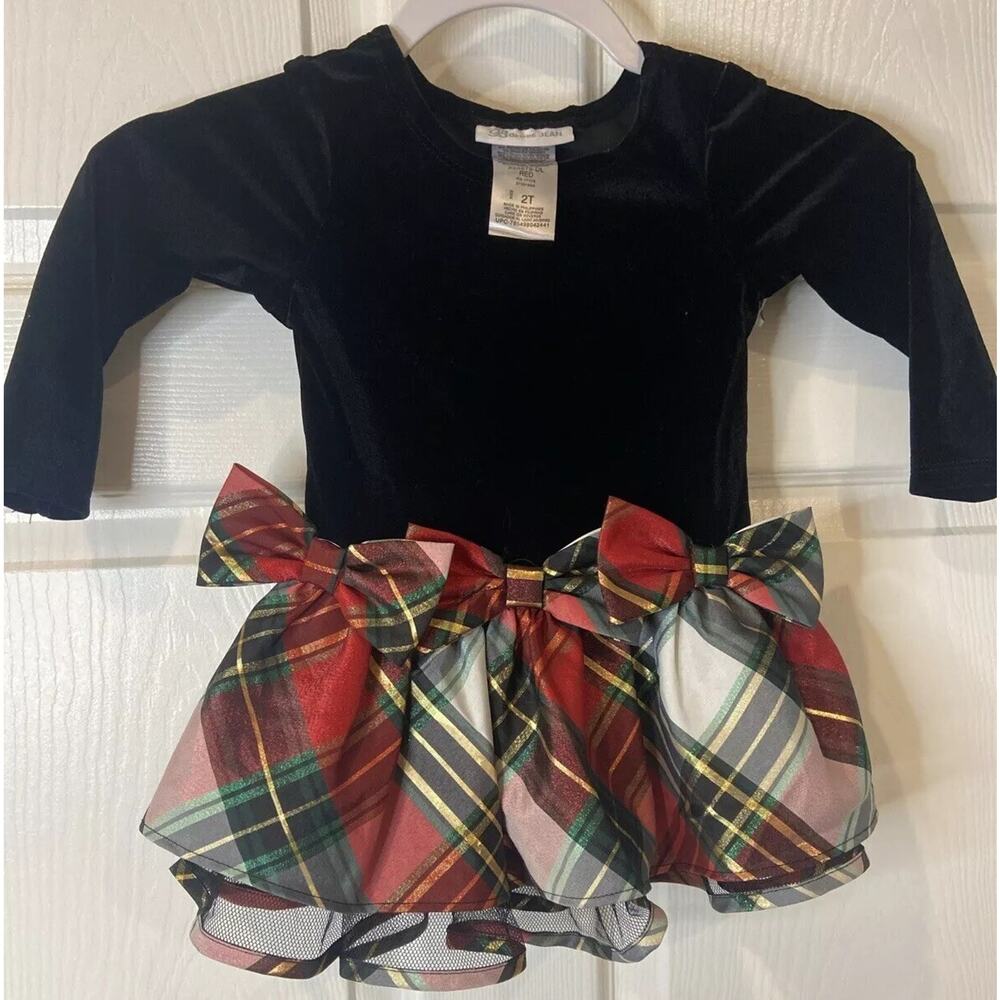 Bonnie Jean Toddler Girls Christmas Holiday Velvet Long Sleeve Plaid Dress (2T)